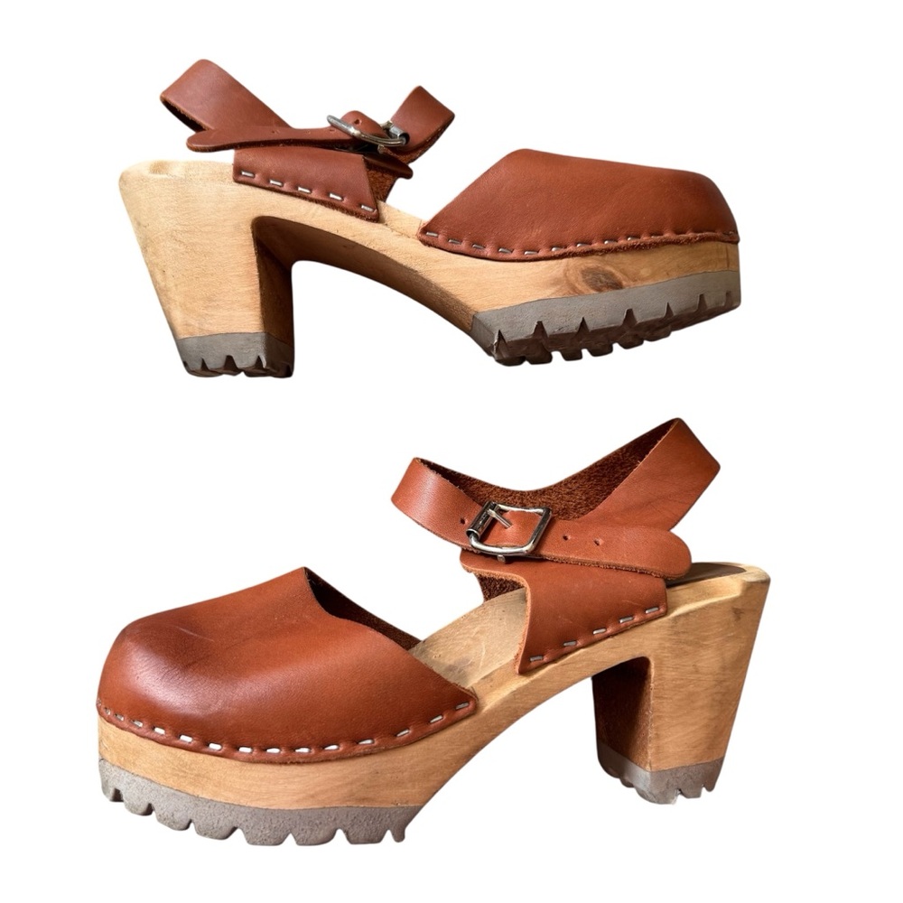 MIA Brown Leather Abba Clogs Size 36 US 6 Luggage Swedish 70’s Hippie Boho